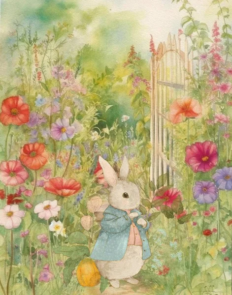 Watercolor Vintage Drawing Rabbit Vintage Clothes Walking Garden Vintage Postcard Stock Photo