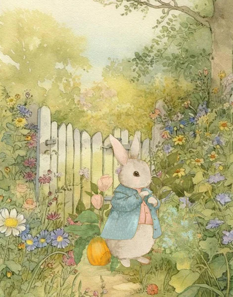 Watercolor Vintage Drawing Rabbit Vintage Clothes Walking Garden Vintage Postcard Stock Image