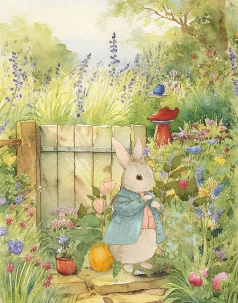 의상을 정원을 거닐고 토끼의 수채화 빈티지 로열티 프리 스톡 이미지