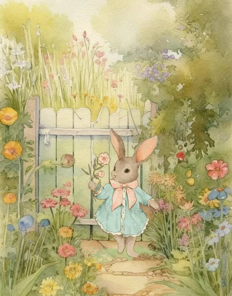 Watercolor Vintage Drawing Rabbit Vintage Clothes Walking Garden Vintage Postcard Royalty Free Stock Images