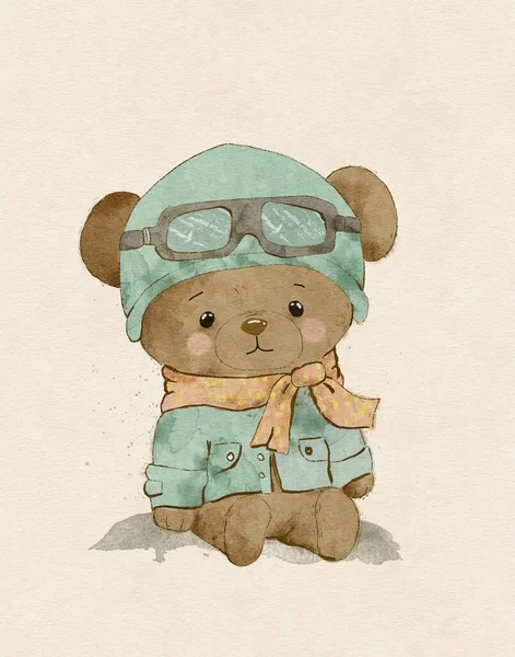 Watercolor Drawing Vintage Bear Cub Pilot — Stock Photo, Image