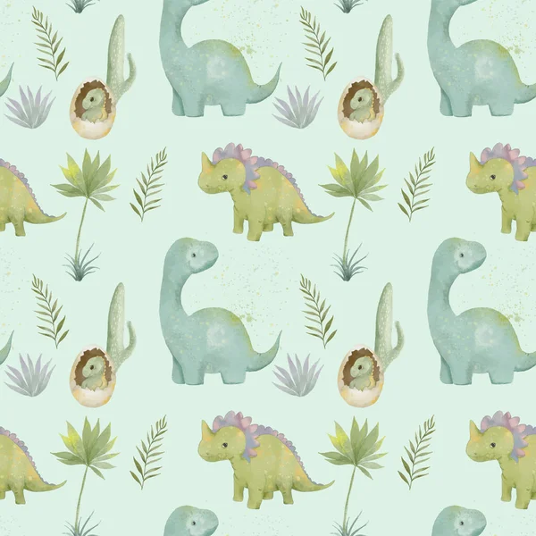 seamless pattern with watercolor cute dinosaurs in the jungle