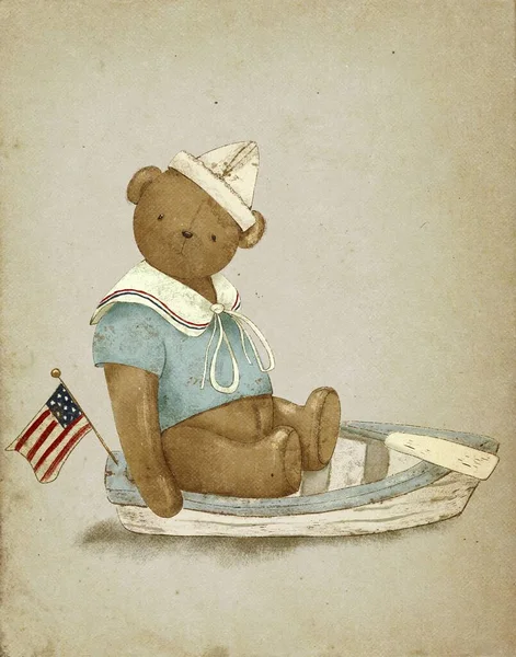 Vintage drawing of toy bear sailor on boat with american flag