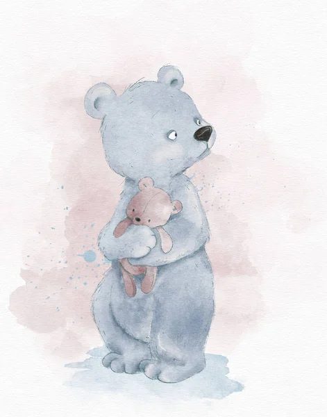 watercolor drawing of a blue bear cub with a toy in its paws