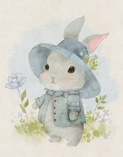 Акварельний Малюнок Милого Кролика Квітами Ілюстрація Дітей — стокове фото
