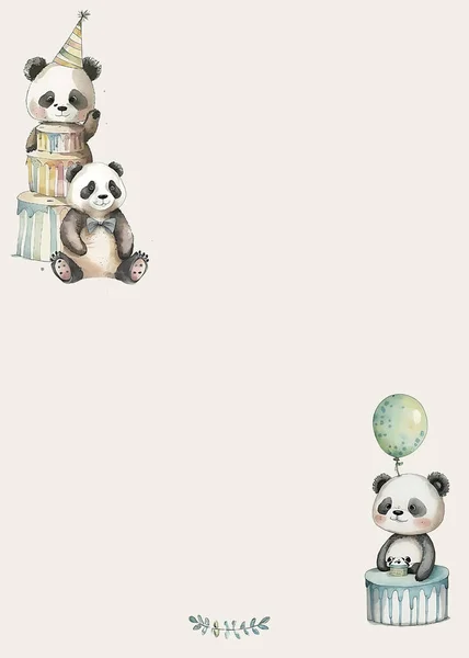 Gyermek Party Meghívó Sablon Akvarell Panda Medvék Torta Lufik — Stock Fotó
