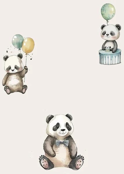 Children's party invitation template with watercolor panda bears, cake and balloons