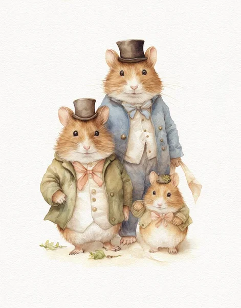 Watercolor drawing family of hamsters, cartoon rodent hamster