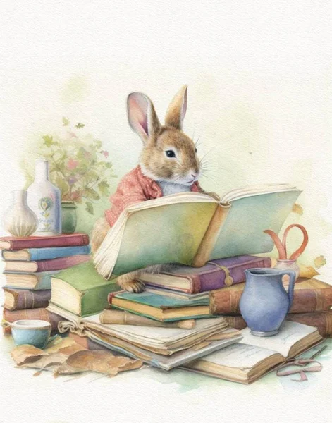 Watercolor drawing of a rabbit with a big book, cartoon rabbit
