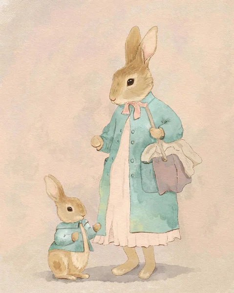 Akvarell Vintage Ritning Söt Kanin Akvarell Tecknad Vykort Djur — Stockfoto