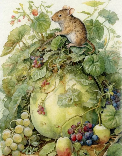 watercolor drawing of rodents in the garden, mice eat vegetables in the garden