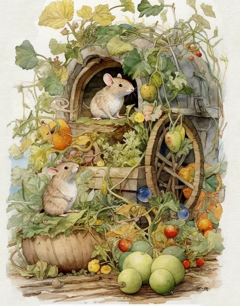 watercolor drawing of rodents in the garden, mice eat vegetables in the garden