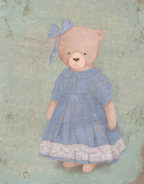 Vintage cute cartoon teddy bear drawing, birthday card for kids