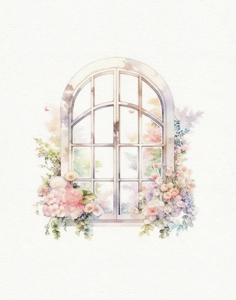 Акварельний Малюнок Вікна Розквіт Білому Тлі Вінтажне Вікно — стокове фото