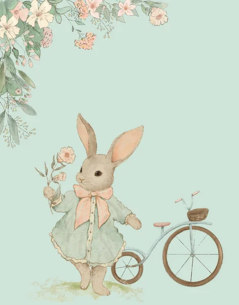 度假卡 带着花纹的节日请柬 用淡淡的颜色和兔子搭配 — 图库照片