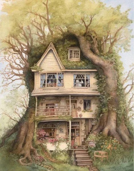 watercolor drawing of a fairy tale rustic style treehouse in the forest, kids book illustration