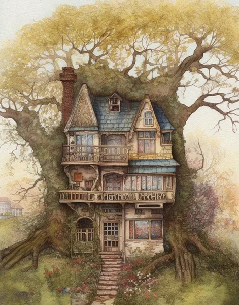 watercolor drawing of a fairy tale rustic style treehouse in the forest, kids book illustration