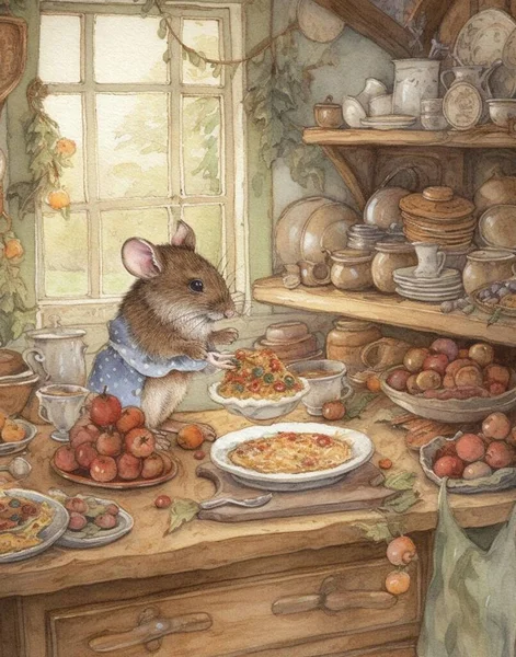 watercolor drawing mouse chef cooks in the kitchen, forest house