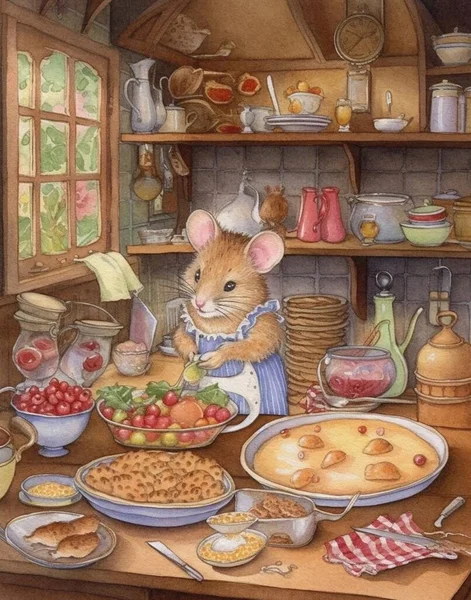 watercolor drawing mouse chef cooks in the kitchen, forest house