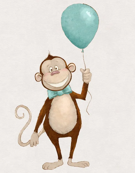 Aquarellzeichnung Eines Fröhlichen Affen Mit Blauem Ballon Und Schleife — Stockfoto