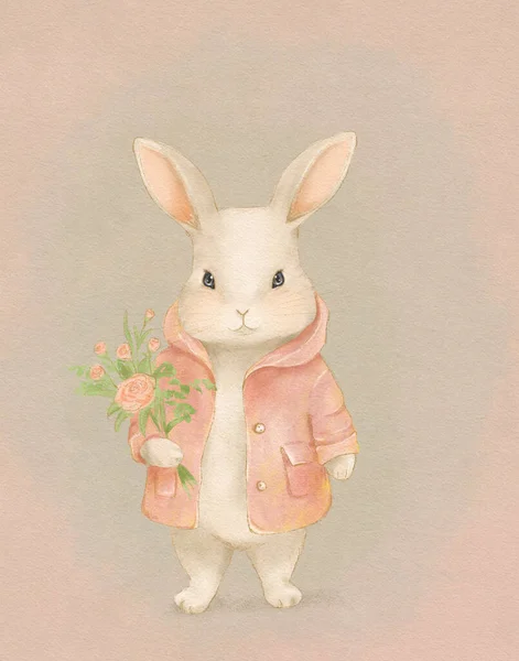 Drawing White Bunny Pink Clothes Bouquet Flowers Postcard Rabbit Royalty Free Stock Images