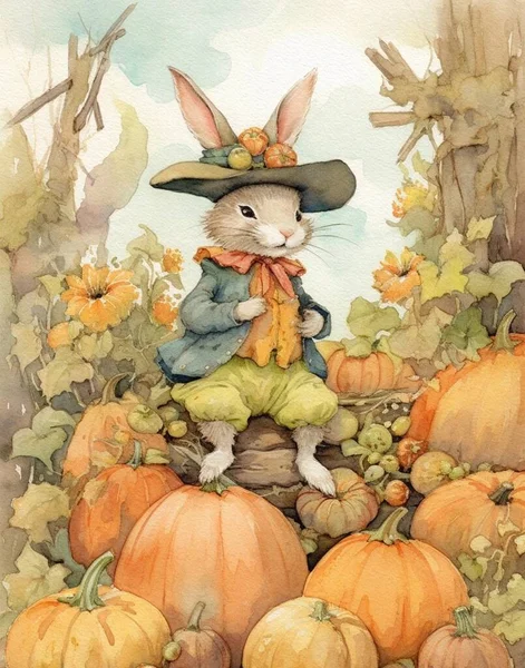 Watercolor drawing of a rabbit on autumn pumpkins, thanksgiving day card, autumn holiday