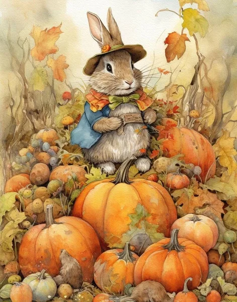 Watercolor drawing of a rabbit on autumn pumpkins, thanksgiving day card, autumn holiday