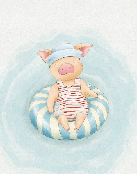 Ilustracja Zabawnej Świni Stroju Kąpielowym Pływającej Nadmuchiwanym Okręgu Ilustracja Kreskówki — Zdjęcie stockowe
