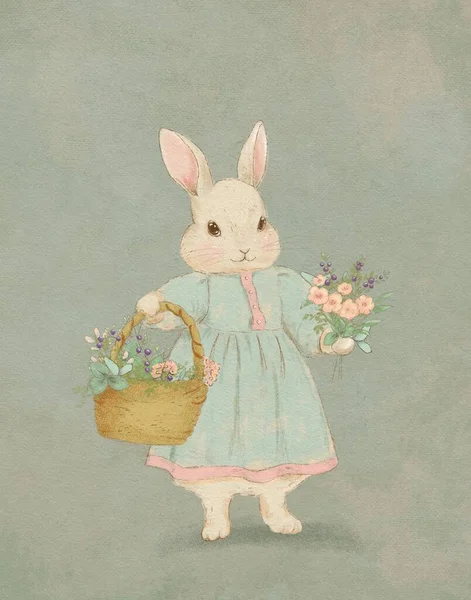 パステルヴィンテージのウサギの絵 イースターバニー 森林動物 子供部屋のためのイラスト — ストック写真