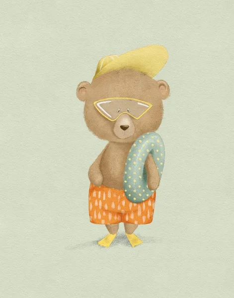 drawing of a funny bear in a bathing suit, goggles and with a life buoy