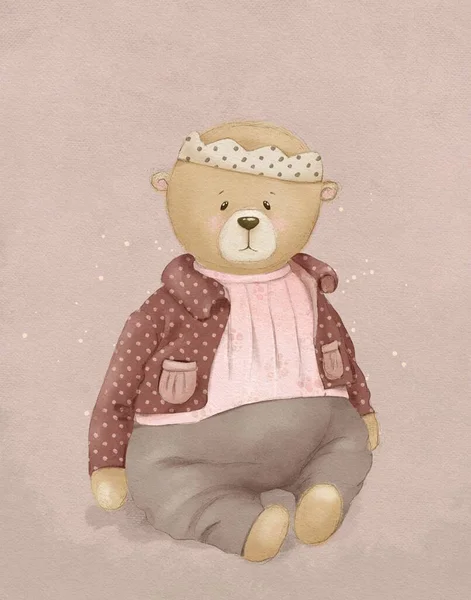 Vintage cute cartoon teddy bear drawing, birthday card for kids, animal