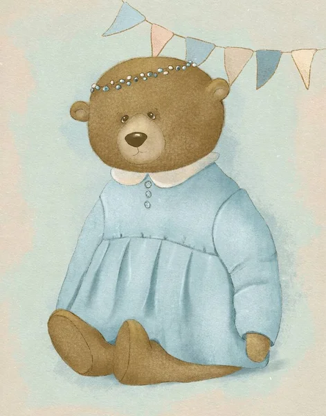 Vintage cute cartoon teddy bear drawing, birthday card for kids
