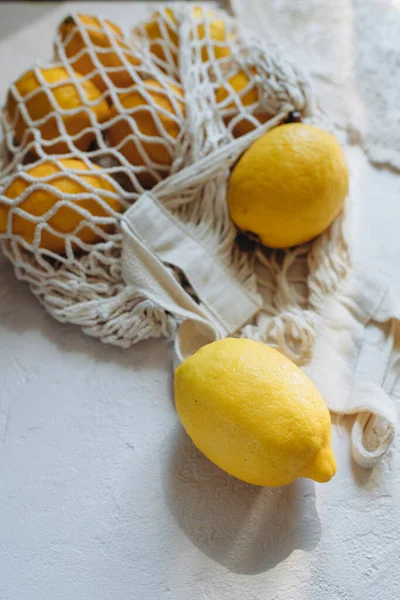 Citrus Lemon Wicker Cotton Bag String Bag White Background Top — Stock Photo, Image