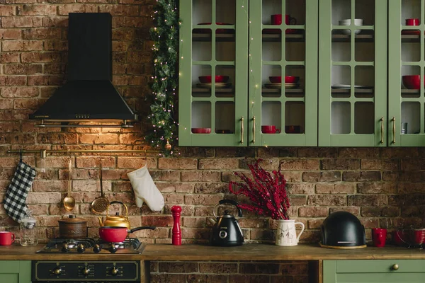 Vánoční Kuchyňský Dekor Klasických Vánočních Barvách Červená Zelená Výzdoba — Stock fotografie
