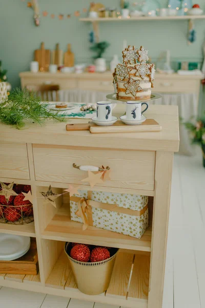 Weihnachtsdekoration Der Küche Interieur Für Neujahr Festliches Abendessen — Stockfoto