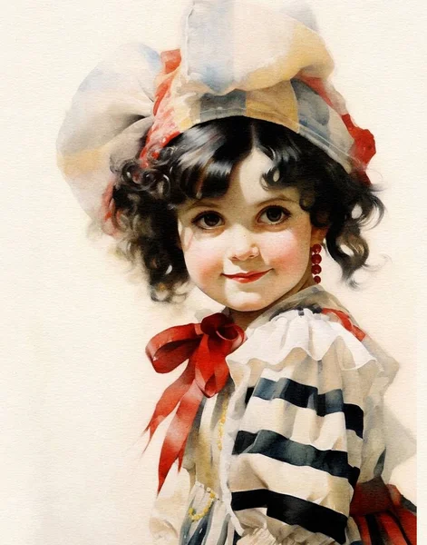 Watercolor Drawing Vintage Portrait Baby Girl Black Hair Vintage Harlequin — Stock Photo, Image