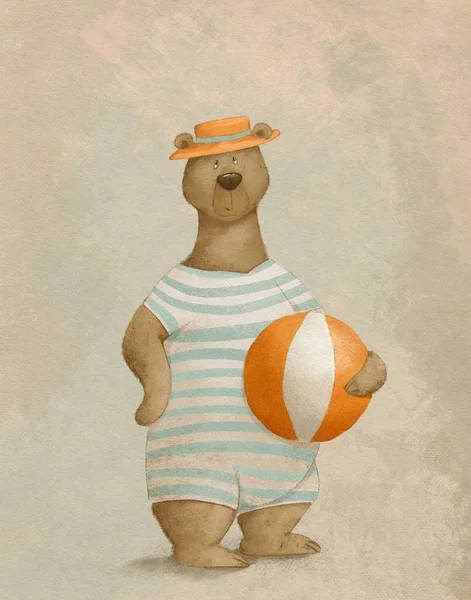 Lucu Menggambar Beruang Dalam Pakaian Renang Vintage Dan Topi Dengan — Stok Foto
