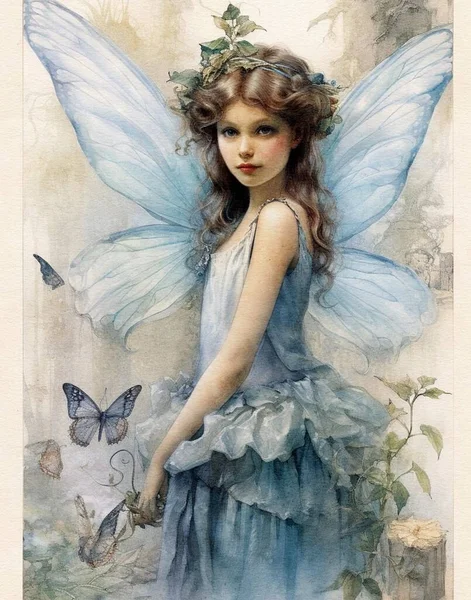 Akvarel Ilustrace Víly Křídly Modrých Šatech Vinobraní Pozadí Výstřižkový Papír — Stock fotografie