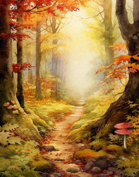 Watercolor Drawing Vintage Autumn Forest Orange Tones — Stock Photo, Image