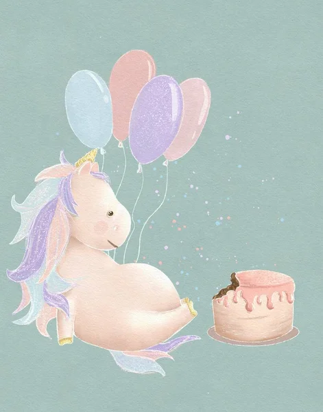 Fairytale magical unicorns birthday with cake, postcard with unicorn