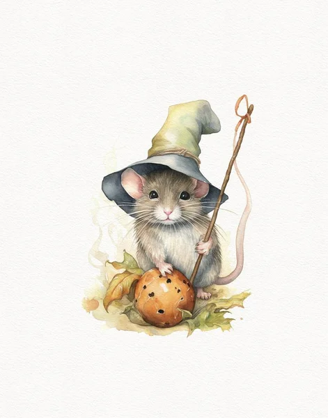 Tikus Lucu Dengan Topi Penyihir Gambar Cat Air Tikus Dengan — Stok Foto