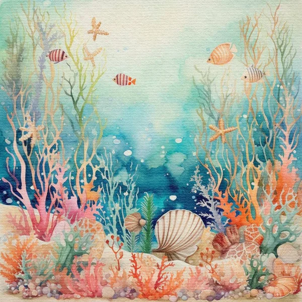 Watercolor Drawing Underwater World Pastel Colors Marine Life — Stock Photo, Image