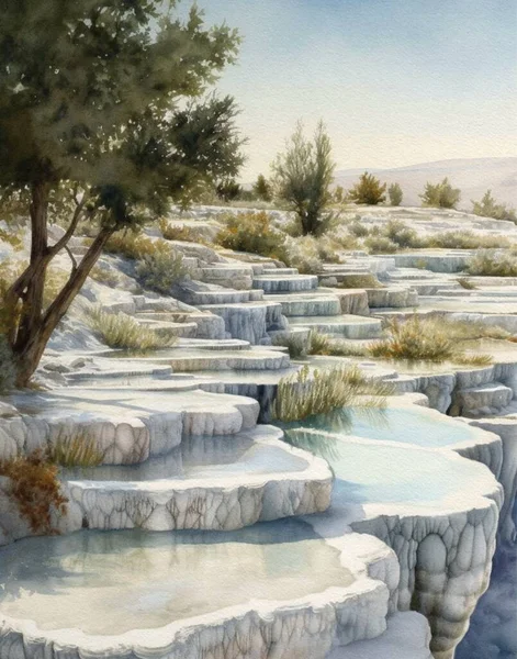 Aquarellzeichnung Eines Natürlichen Wasserfalls Türkischer Pamukkale Salzsee Mit Mineralien — Stockfoto