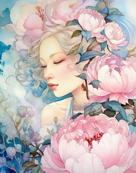 Akvarel Kresba Krásné Dívky Kimonu Japonské Zahradě Růžová Modrá — Stock fotografie