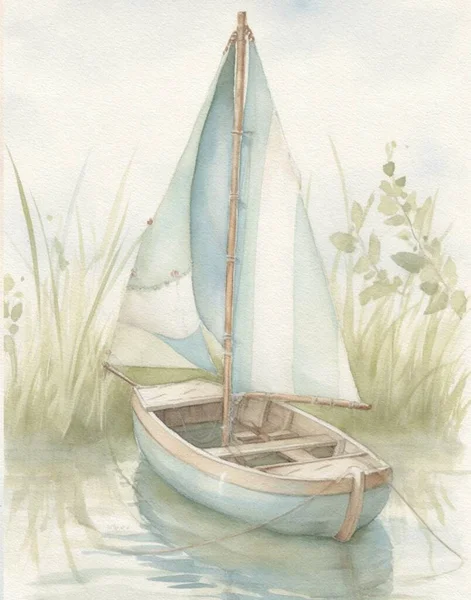 帆船在水面上以浅色在白色背景上的水彩画 — 图库照片