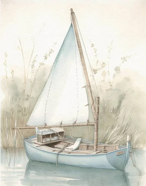 帆船在水面上以浅色在白色背景上的水彩画 — 图库照片