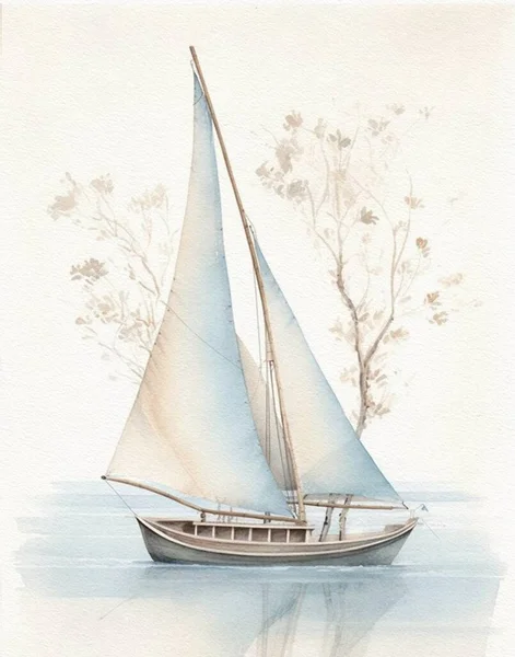 Ακουαρέλα Σχέδιο Ενός Ιστιοπλοϊκού Σκάφους Στο Νερό Ανοιχτόχρωμα Χρώματα Λευκό — Φωτογραφία Αρχείου