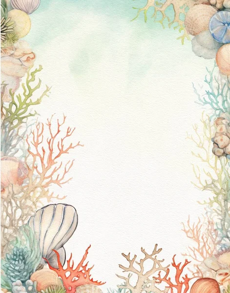 Акварельный Рисунок Рамки Морскую Тематику Бумага Скрапбукинга Морскими Обитателями — стоковое фото