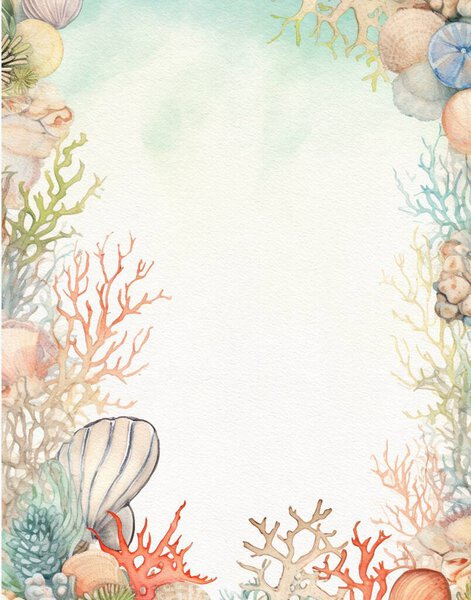 watercolor drawing of a frame on a marine theme, paper for scrapbooking with marine inhabitants