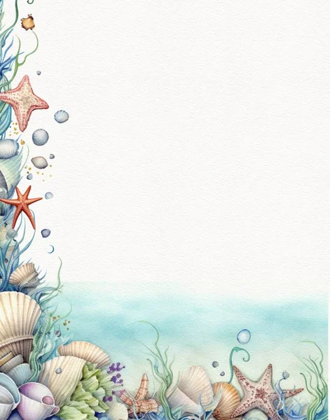 Акварельный Рисунок Рамки Морскую Тематику Бумага Скрапбукинга Морскими Обитателями — стоковое фото